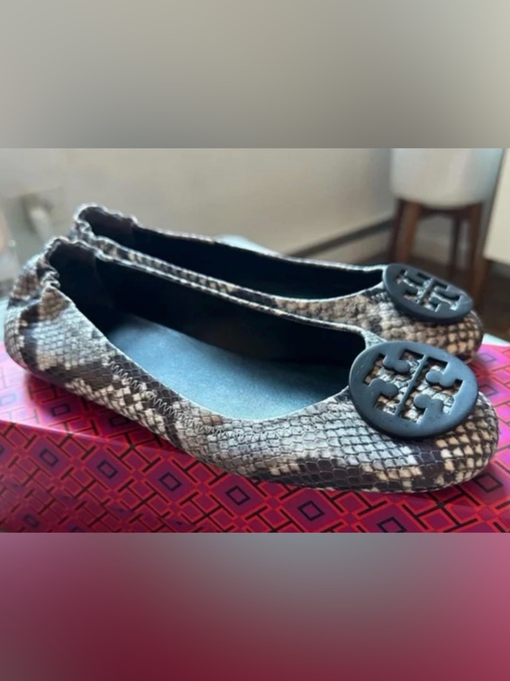 Tory Burch Snake-Print Reva Flats in Black and Cream